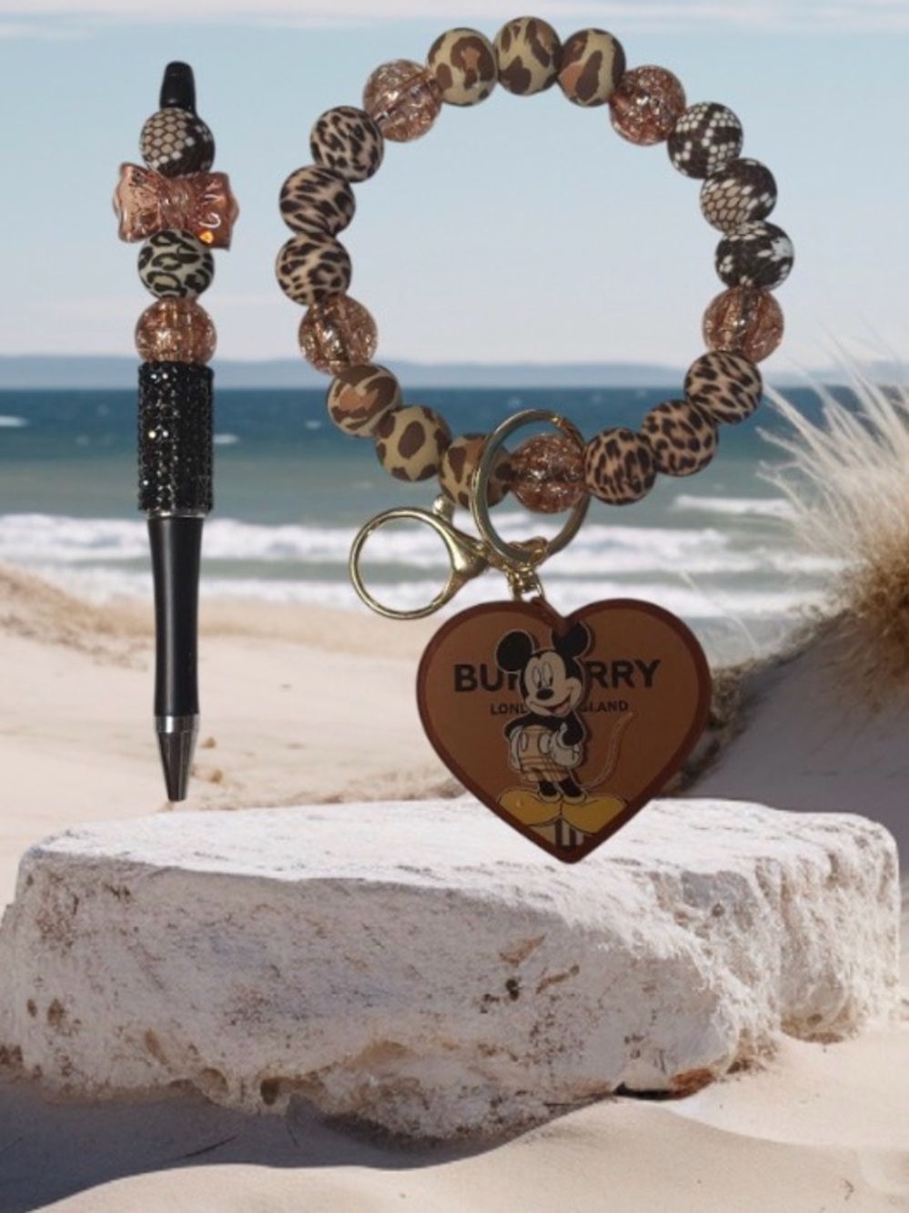 Hand Crafted Brown Leopard Pen & Beaded Wristlet Keychain with Inspired Charm